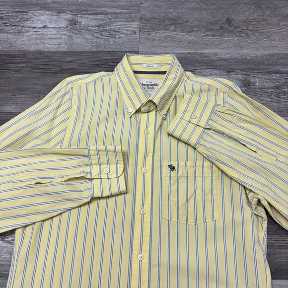 Abercrombie & Fitch Yellow Striped Mens XL Long Sleeve Muscle Button Down Shirt - Picture 1 of 9